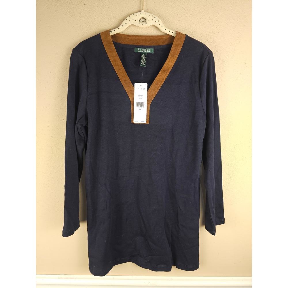 NWT Lauren Ralph Lauren Womens Navy Brown Long Sleeve Henley Shirt Large